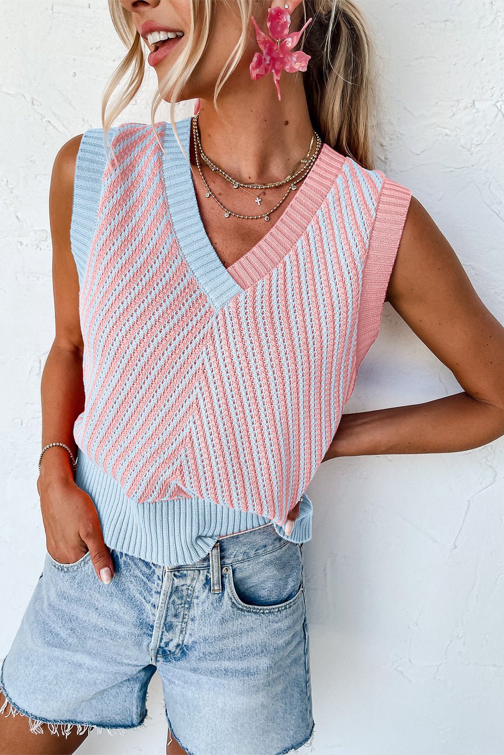 Chevron Contrast V-Neck Sleeveless Sweater Top - Rooted & Reckless Co.