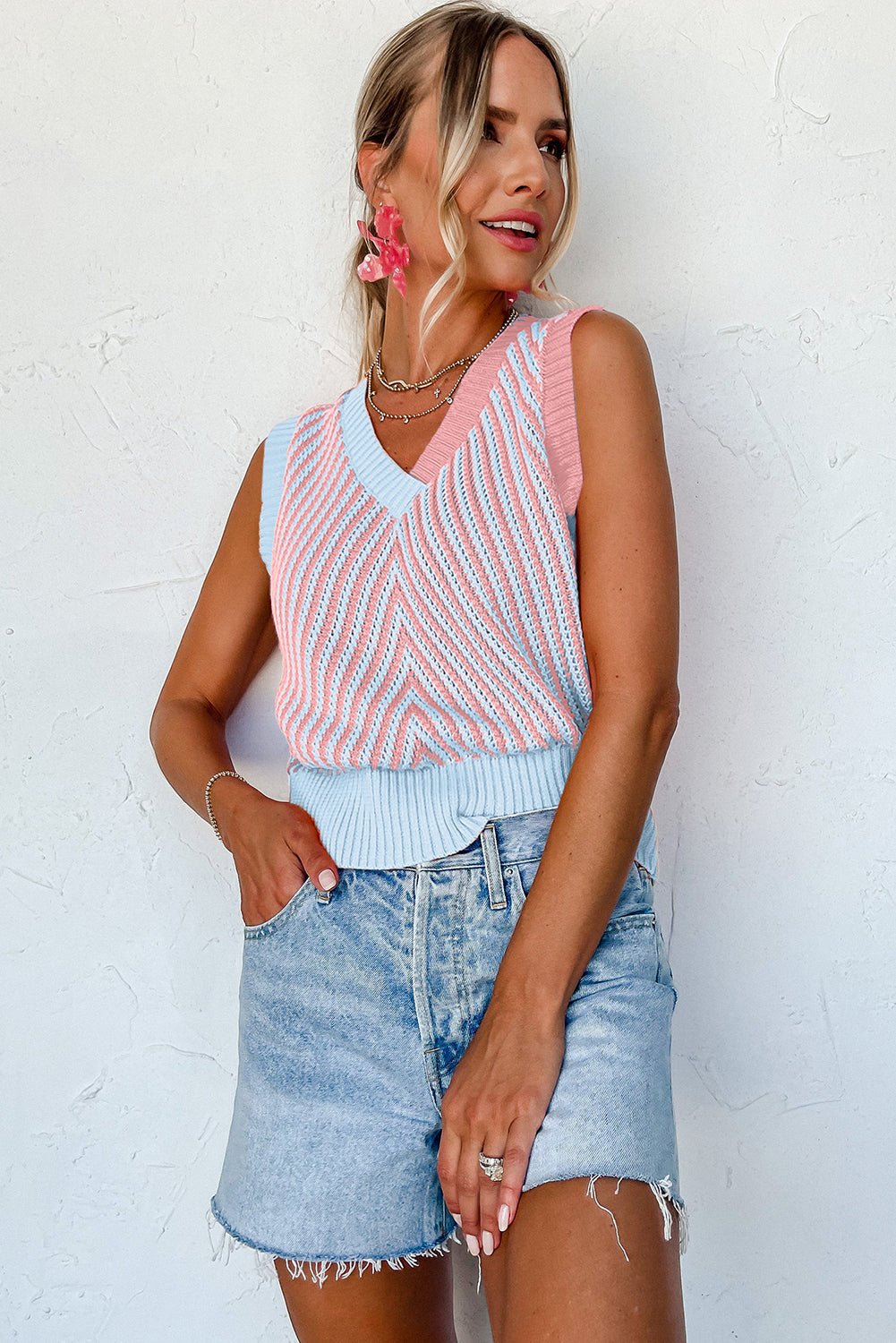 Chevron Contrast V-Neck Sleeveless Sweater Top - Rooted & Reckless Co.