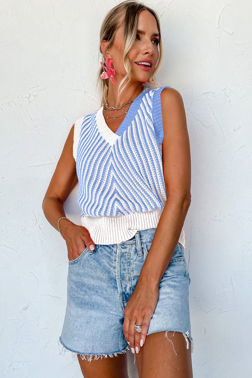 Chevron Contrast V-Neck Sleeveless Sweater Top - Rooted & Reckless Co.