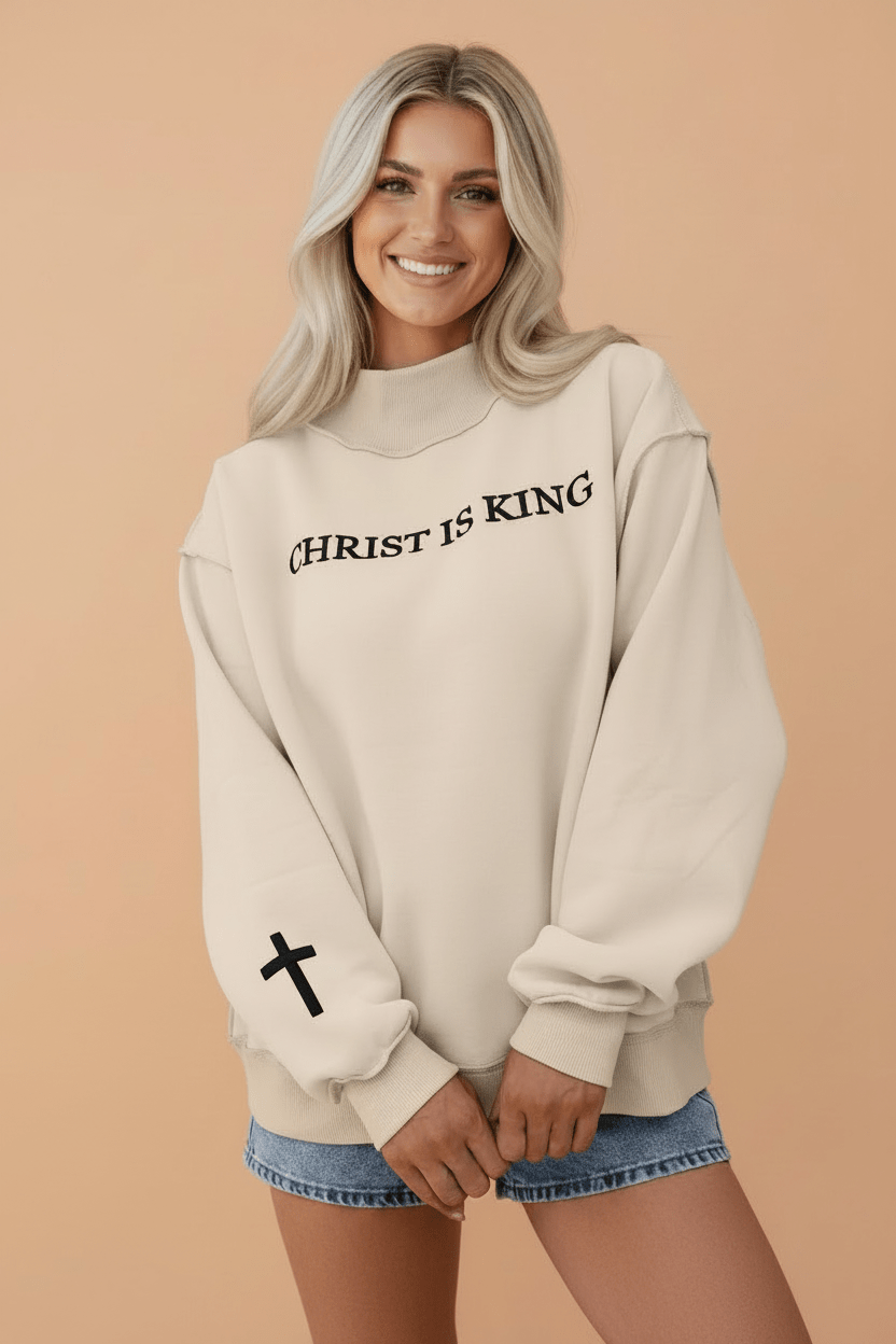 Christ Is King Cross Embroidery Exposed Seam Sweatshirt - Rooted & Reckless Co.