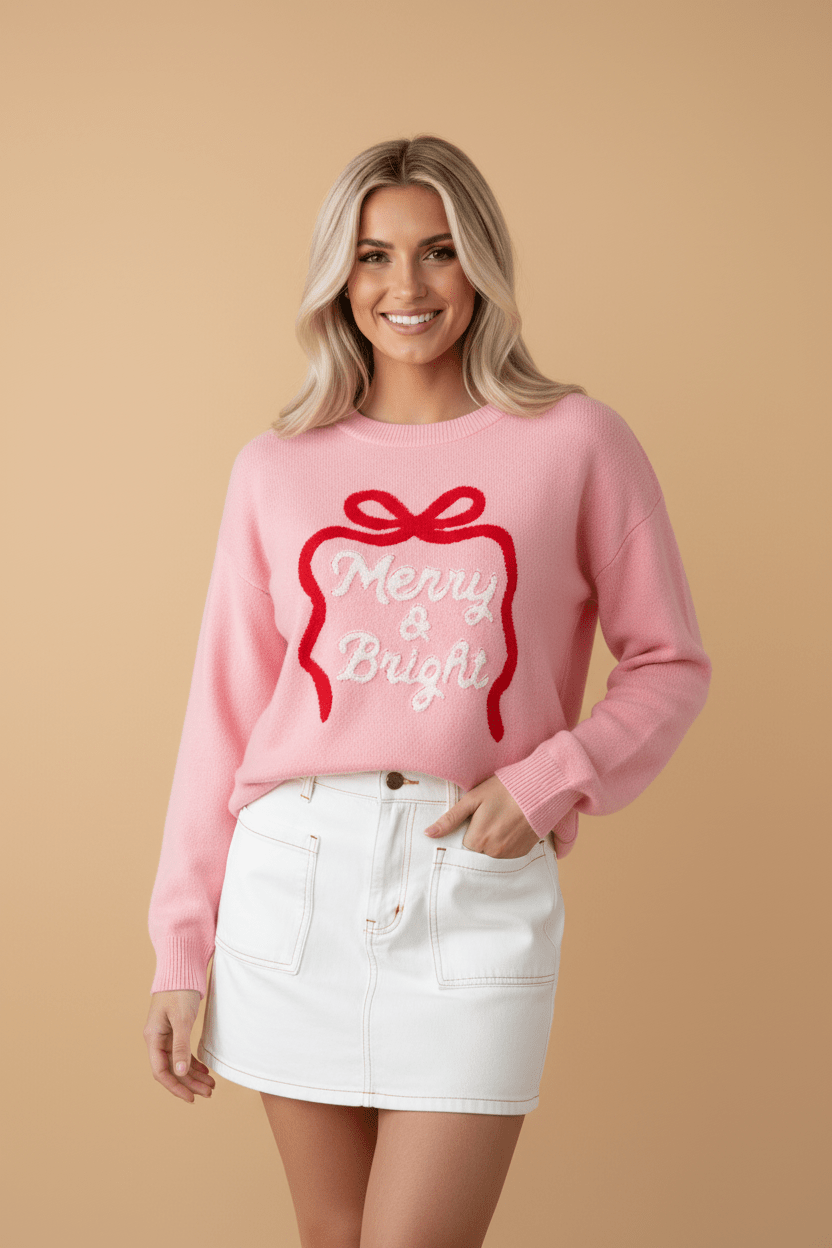 Christmas Bow Merry & Bright Bouclé Textured Sweater - Rooted & Reckless Co.