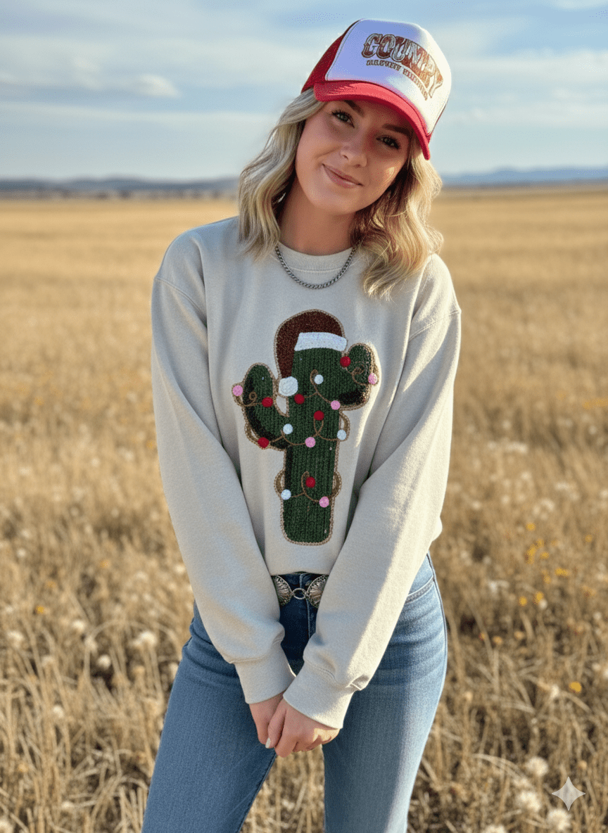 Christmas Cactus Sequins Patch Sweatshirt - Rooted & Reckless Co.