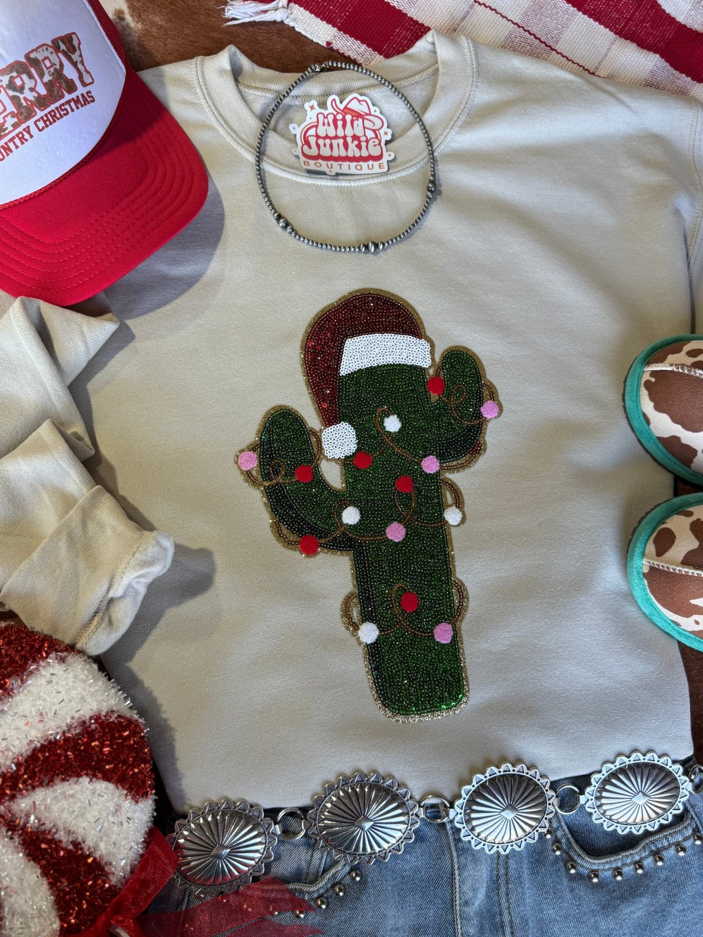 Christmas Cactus Sequins Patch Sweatshirt - Rooted & Reckless Co.