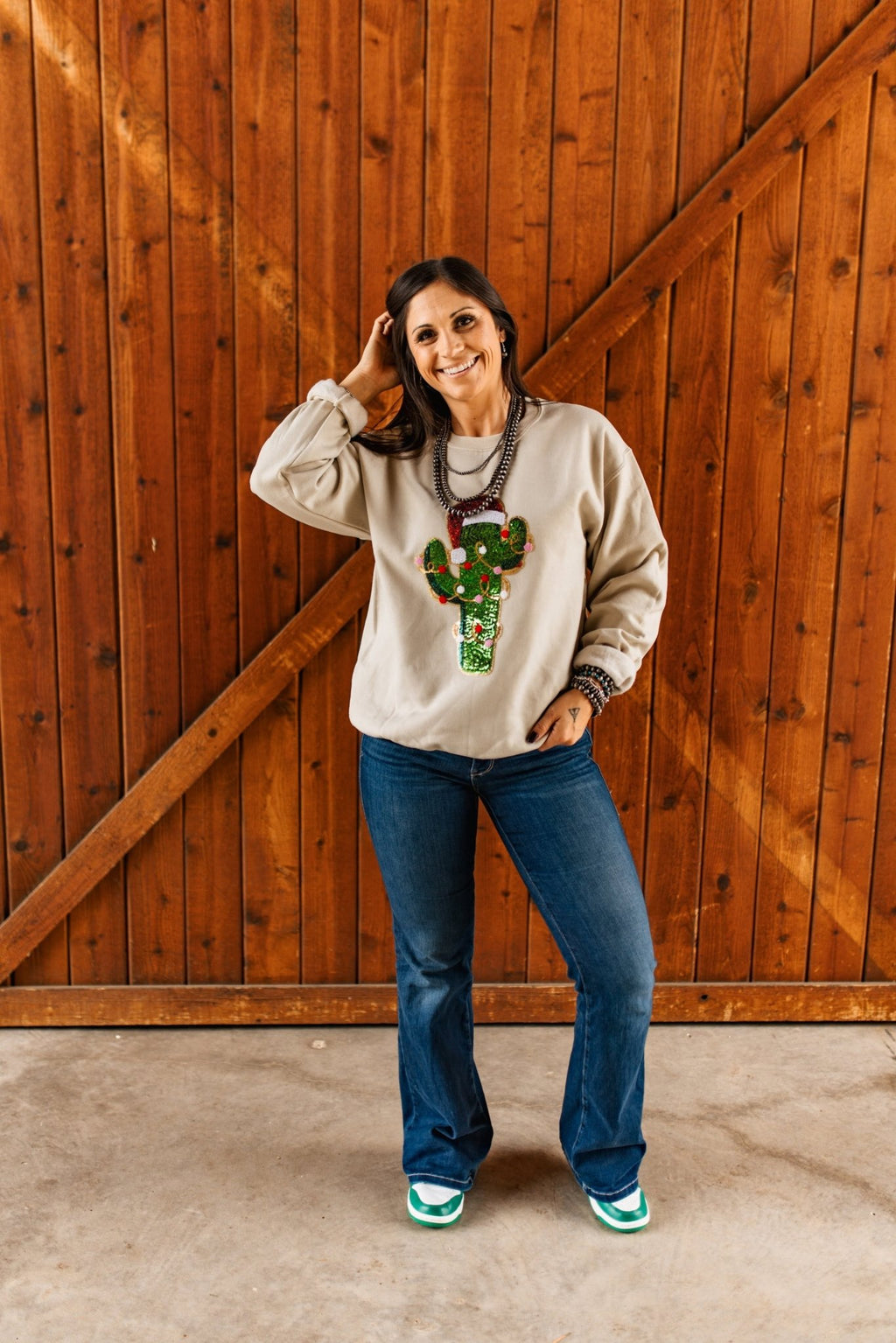 Christmas Cactus Sequins Patch Sweatshirt - Rooted & Reckless Co.