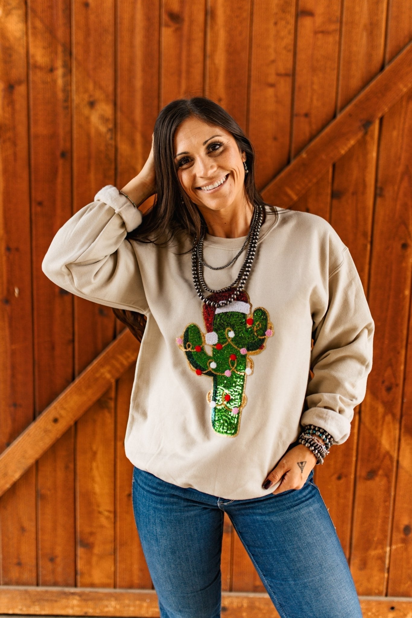 Christmas Cactus Sequins Patch Sweatshirt - Rooted & Reckless Co.
