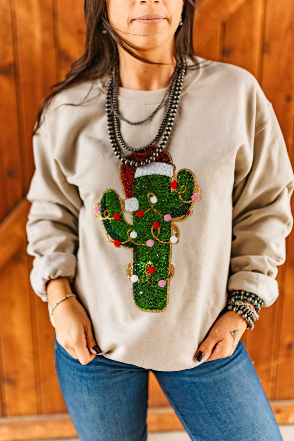 Christmas Cactus Sequins Patch Sweatshirt - Rooted & Reckless Co.