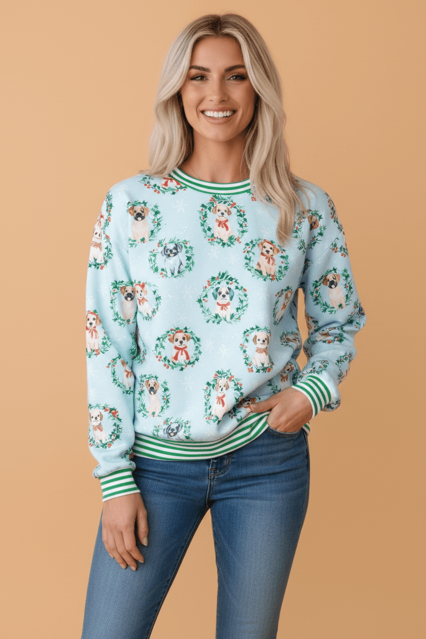 Christmas Wreath Dog Print Stripe Contrast Trim Sweatshirt - Rooted & Reckless Co.