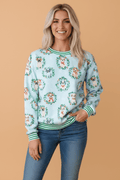Christmas Wreath Dog Print Stripe Contrast Trim Sweatshirt - Rooted & Reckless Co.