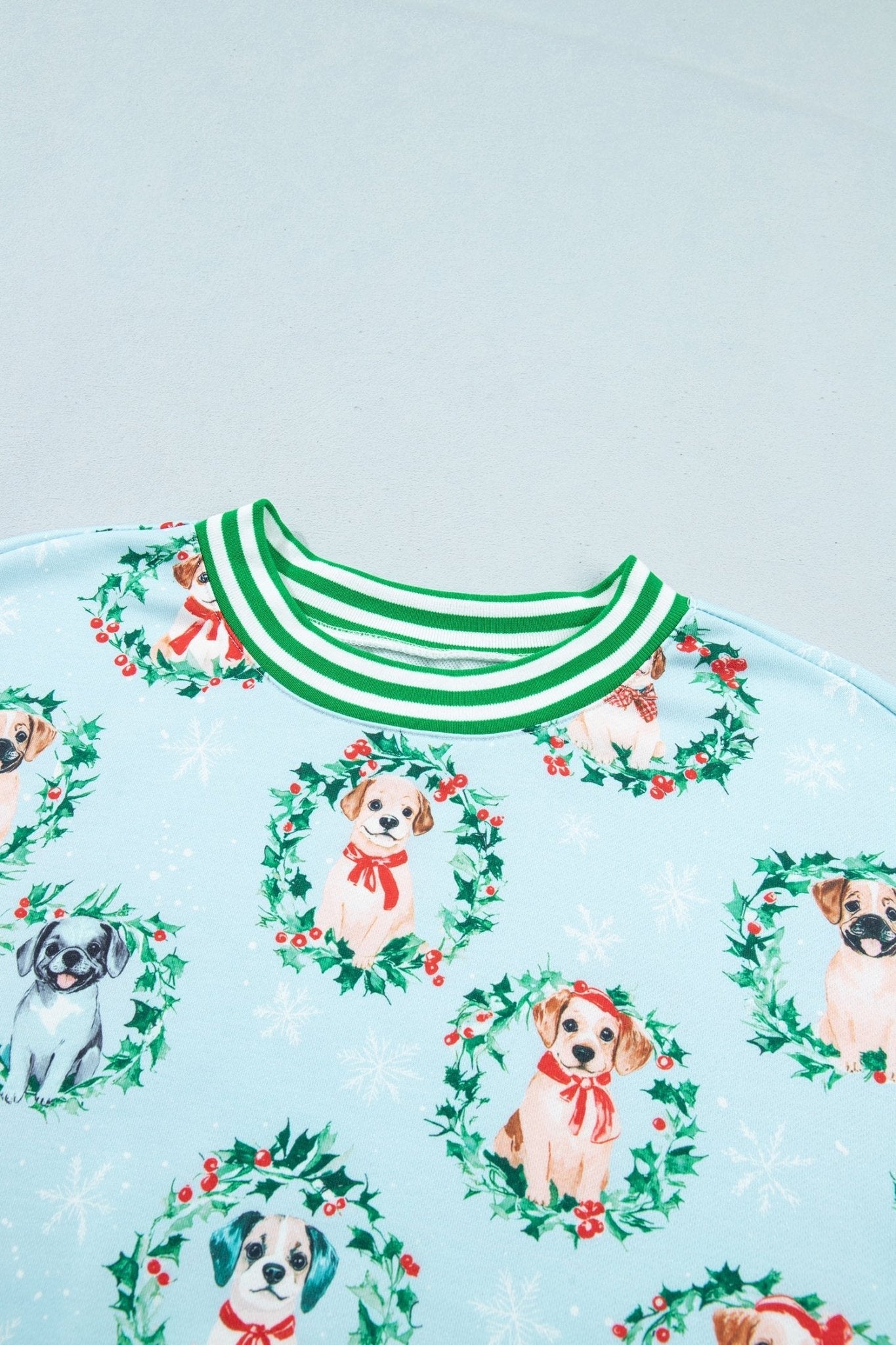 Christmas Wreath Dog Print Stripe Contrast Trim Sweatshirt - Rooted & Reckless Co.