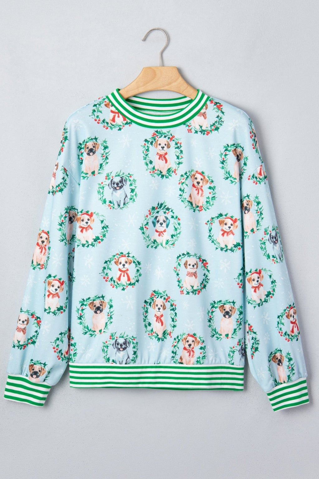 Christmas Wreath Dog Print Stripe Contrast Trim Sweatshirt - Rooted & Reckless Co.
