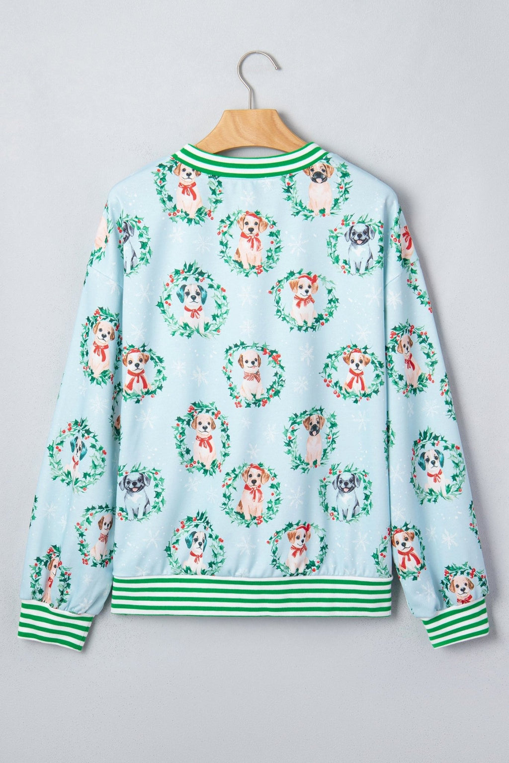 Christmas Wreath Dog Print Stripe Contrast Trim Sweatshirt - Rooted & Reckless Co.
