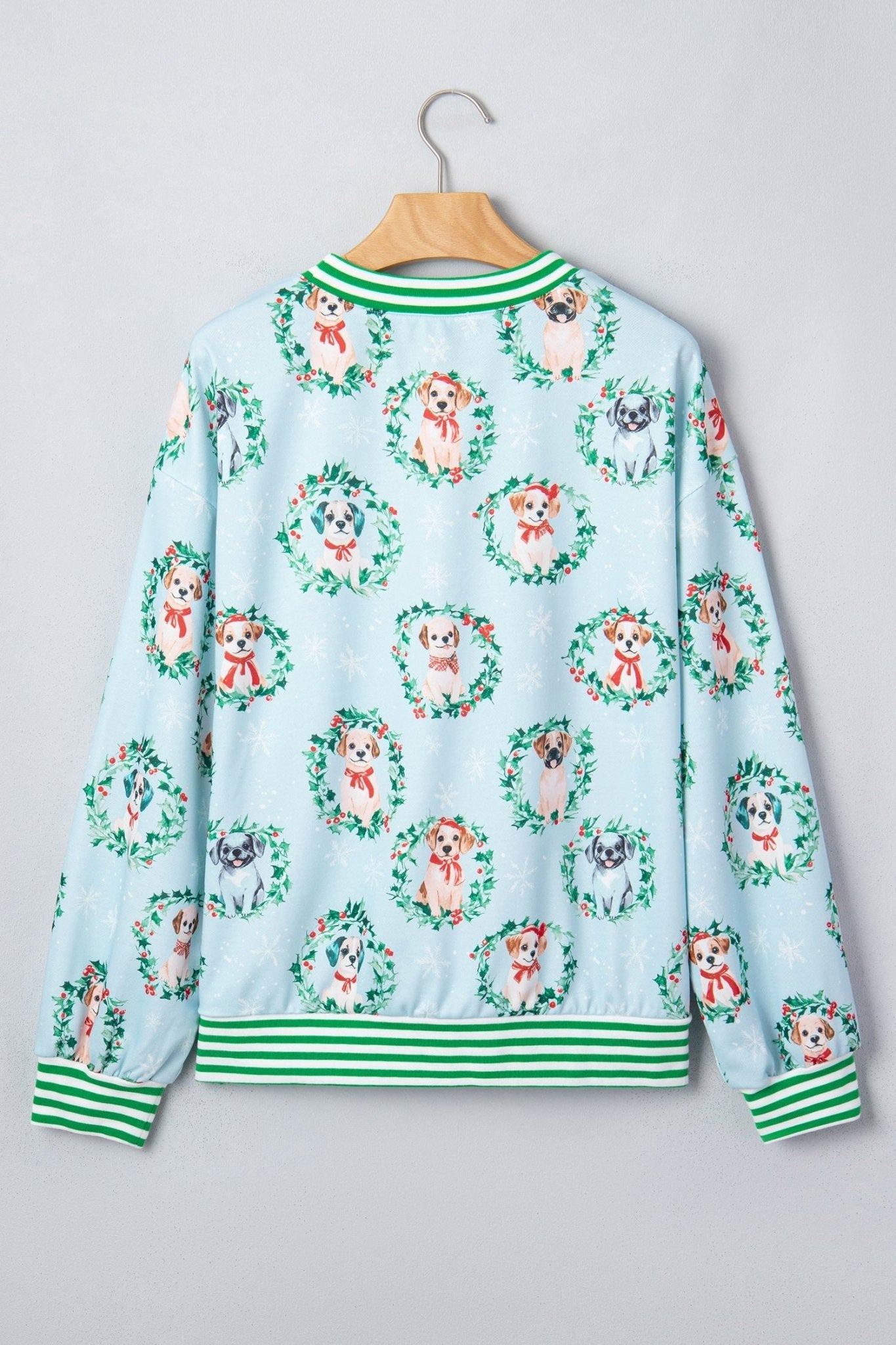Christmas Wreath Dog Print Stripe Contrast Trim Sweatshirt - Rooted & Reckless Co.