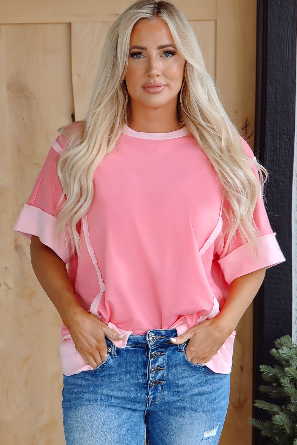 Colorblock 3/4 Sleeve Raw Seam High-Low Top - Rooted & Reckless Co.