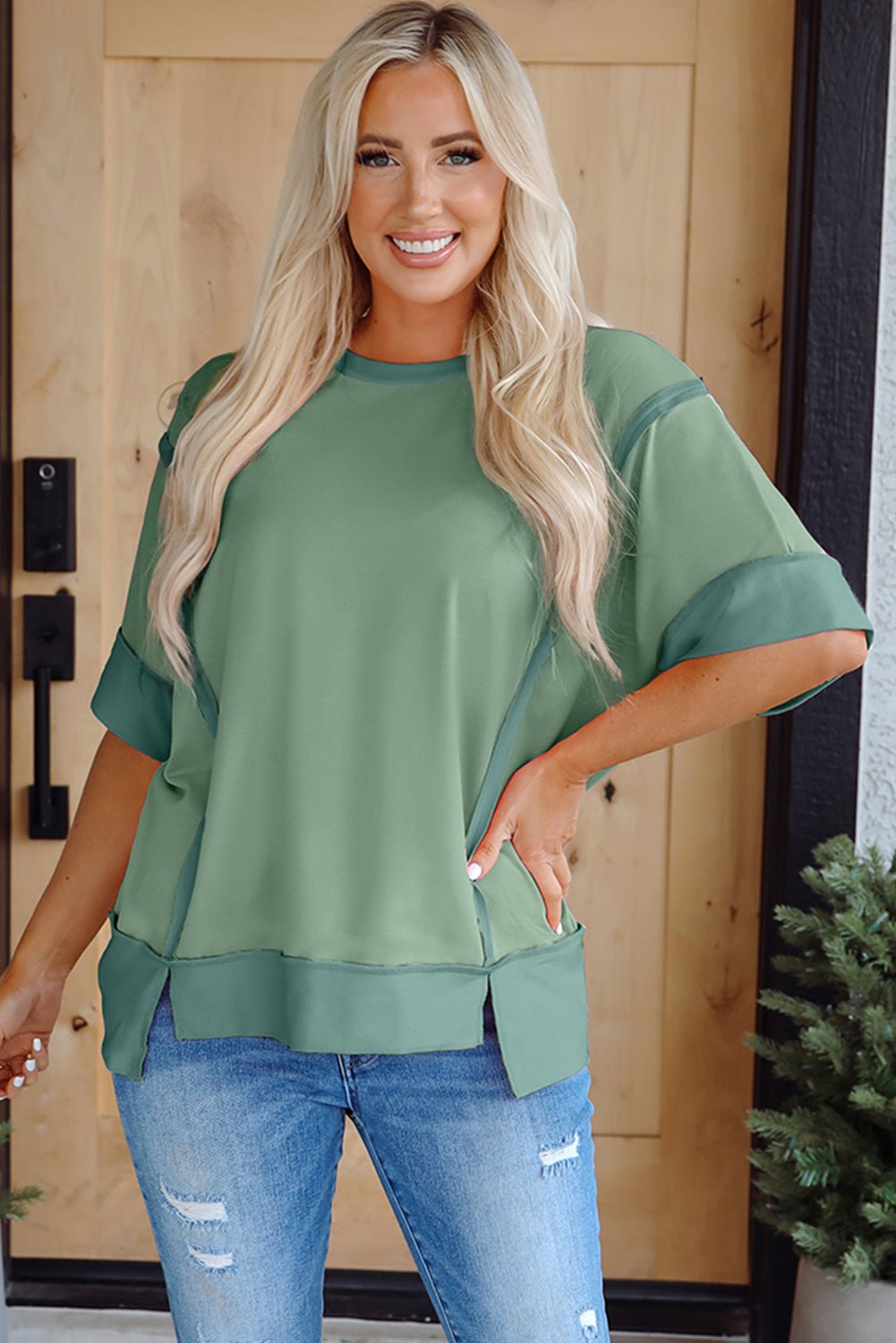 Colorblock 3/4 Sleeve Raw Seam High-Low Top - Rooted & Reckless Co.