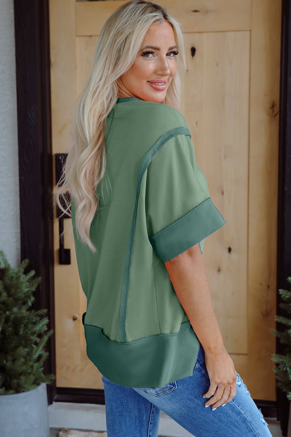 Colorblock 3/4 Sleeve Raw Seam High-Low Top - Rooted & Reckless Co.