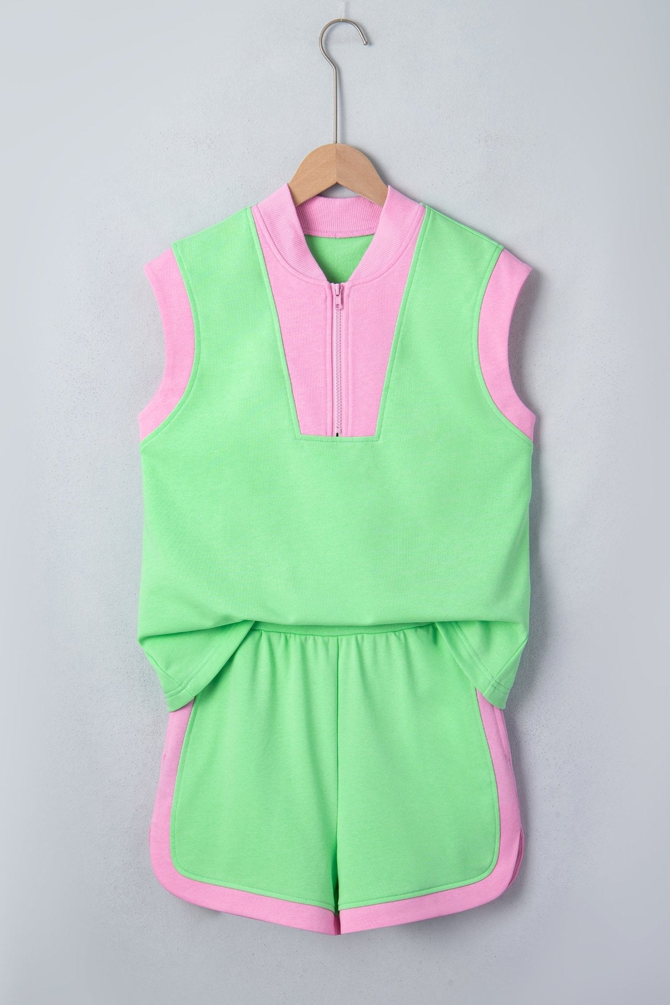 Colorblock Accent Half Zip Athleisure Top & Shorts Set - Rooted & Reckless Co.