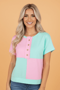Colorblock Checker Half Button Henley T-Shirt - Rooted & Reckless Co.