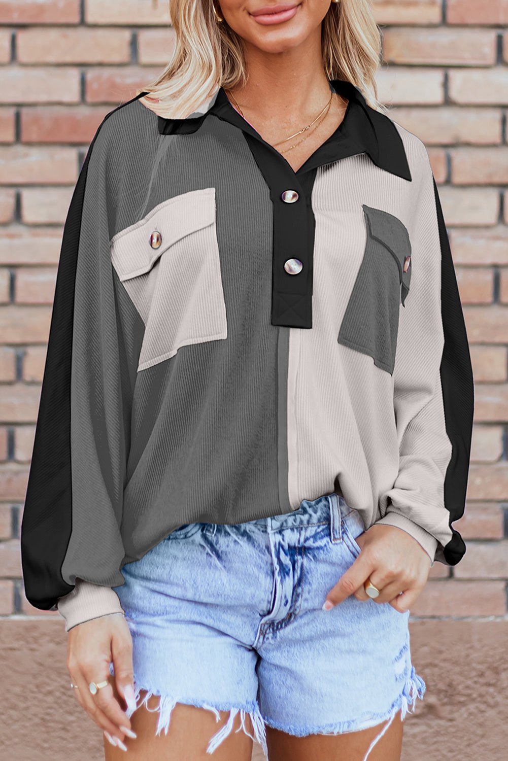 Colorblock Collared Ribbed Patchwork Pocketed Sweatshirt - Rooted & Reckless Co.