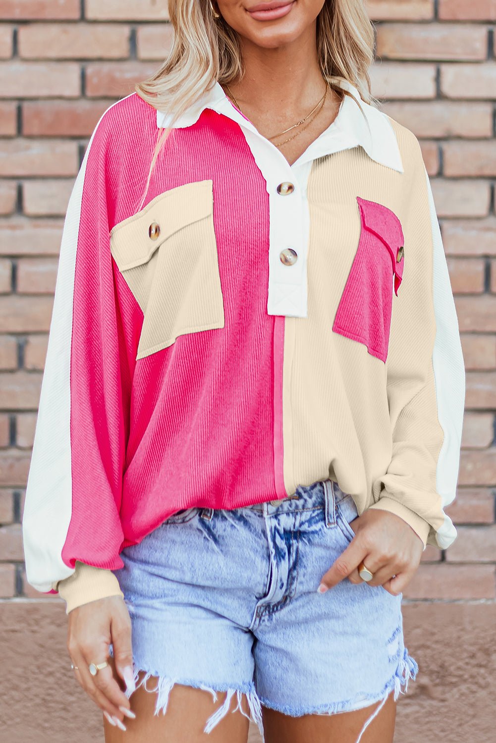 Colorblock Collared Ribbed Patchwork Pocketed Sweatshirt - Rooted & Reckless Co.