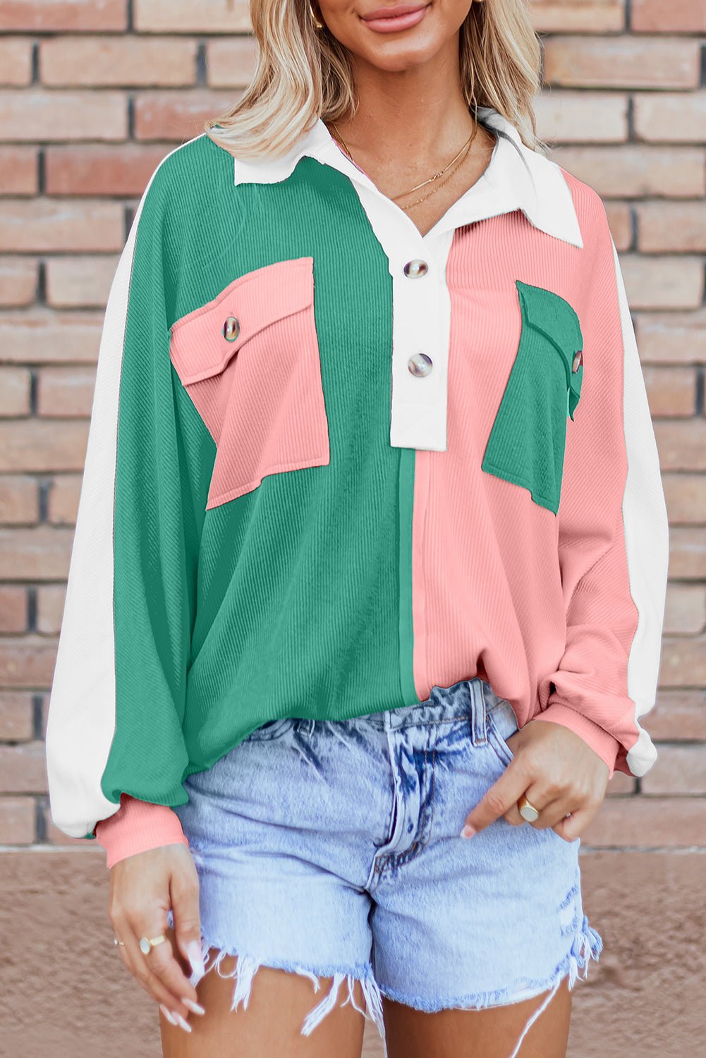 Colorblock Collared Ribbed Patchwork Pocketed Sweatshirt - Rooted & Reckless Co.