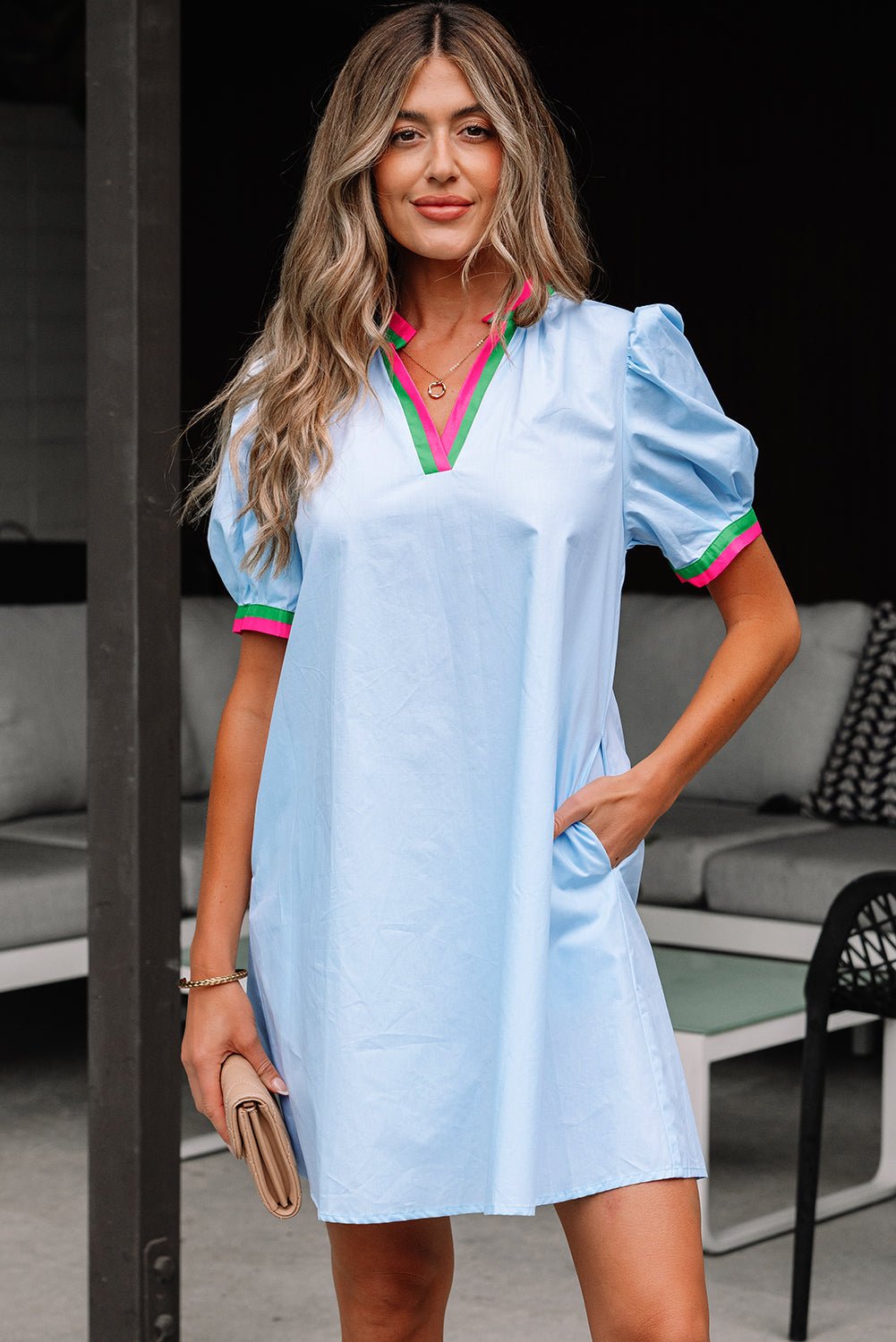Colorblock Contrast Stripe V-Neck Puff Sleeve Mini Dress - Rooted & Reckless Co.