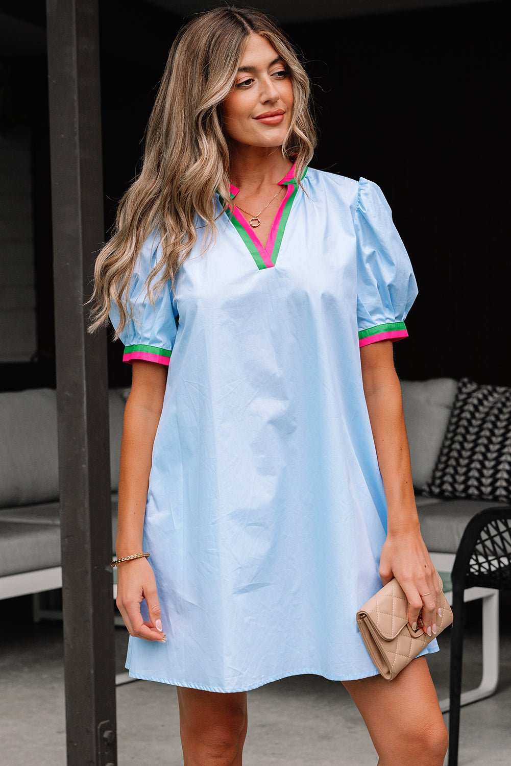Colorblock Contrast Stripe V-Neck Puff Sleeve Mini Dress - Rooted & Reckless Co.