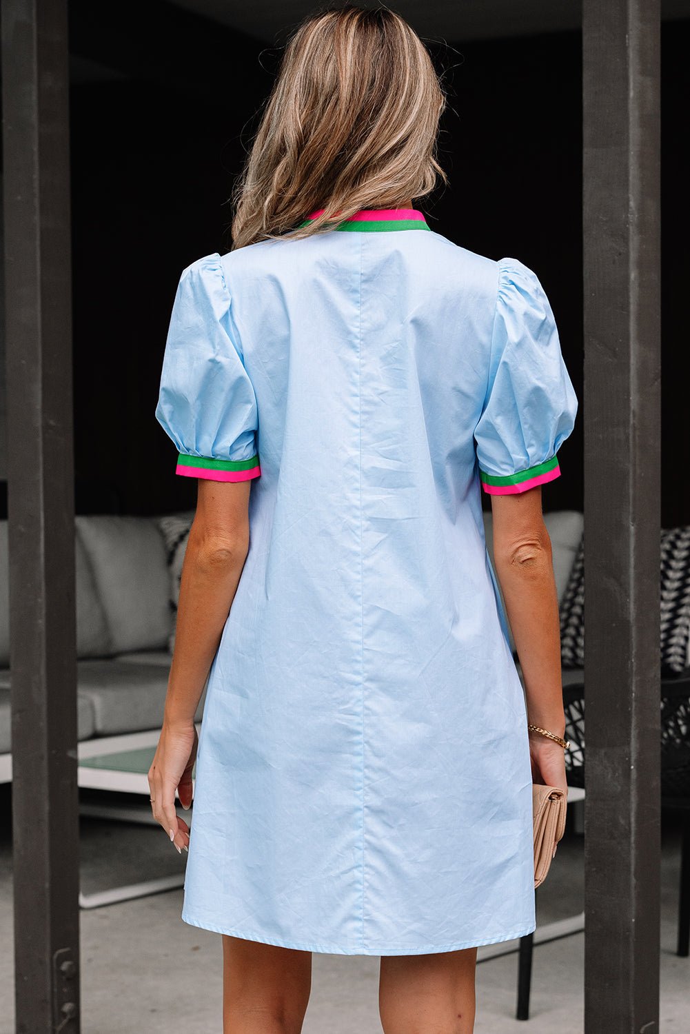 Colorblock Contrast Stripe V-Neck Puff Sleeve Mini Dress - Rooted & Reckless Co.