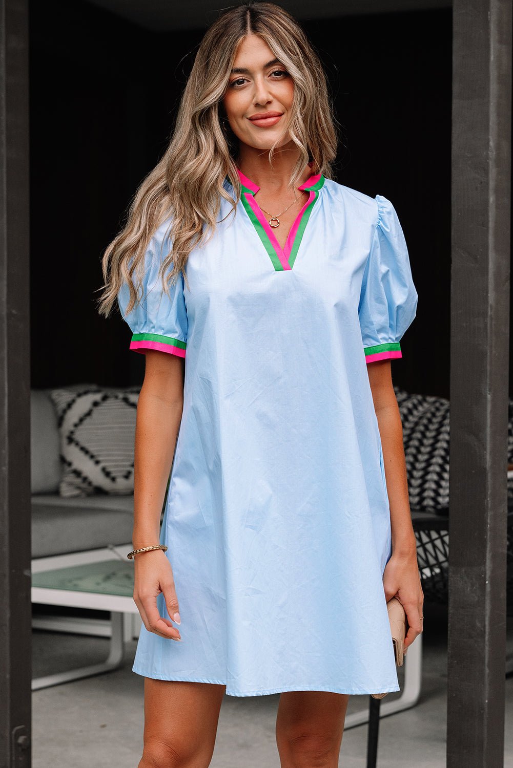 Colorblock Contrast Stripe V-Neck Puff Sleeve Mini Dress - Rooted & Reckless Co.