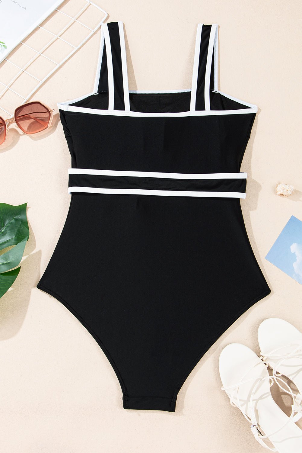 Colorblock Contrast Trim Belted One Piece Swimsuit - Rooted & Reckless Co.