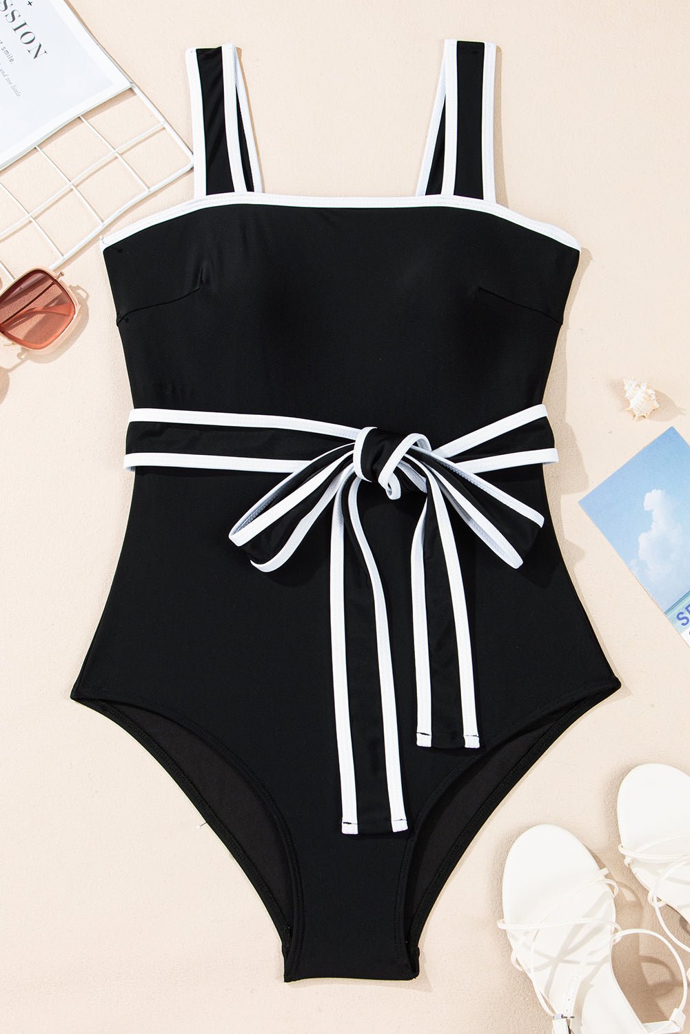 Colorblock Contrast Trim Belted One Piece Swimsuit - Rooted & Reckless Co.