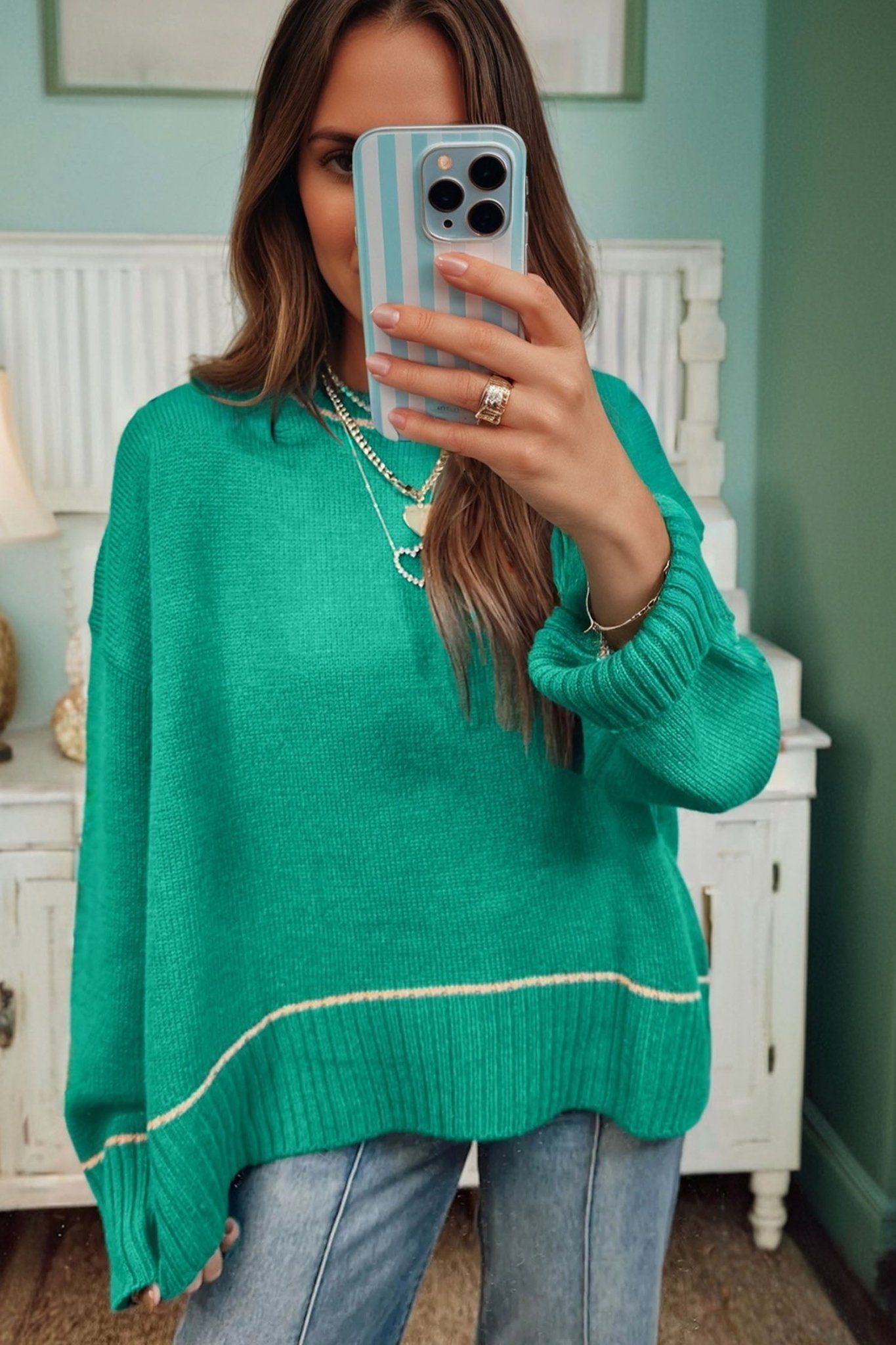 Colorblock Contrast Trim Drop Shoulder Baggy Sweater - Rooted & Reckless Co.