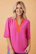 Colorblock Contrast V-Neck Wide Short Sleeve Top - Rooted & Reckless Co.