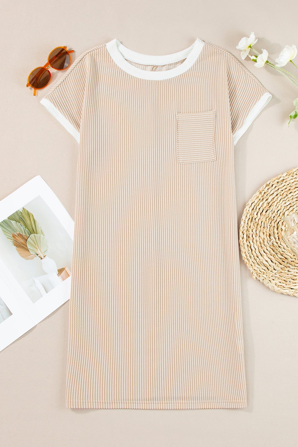 Colorblock Corded Knit Chest Pocket T-Shirt Dress - Rooted & Reckless Co.