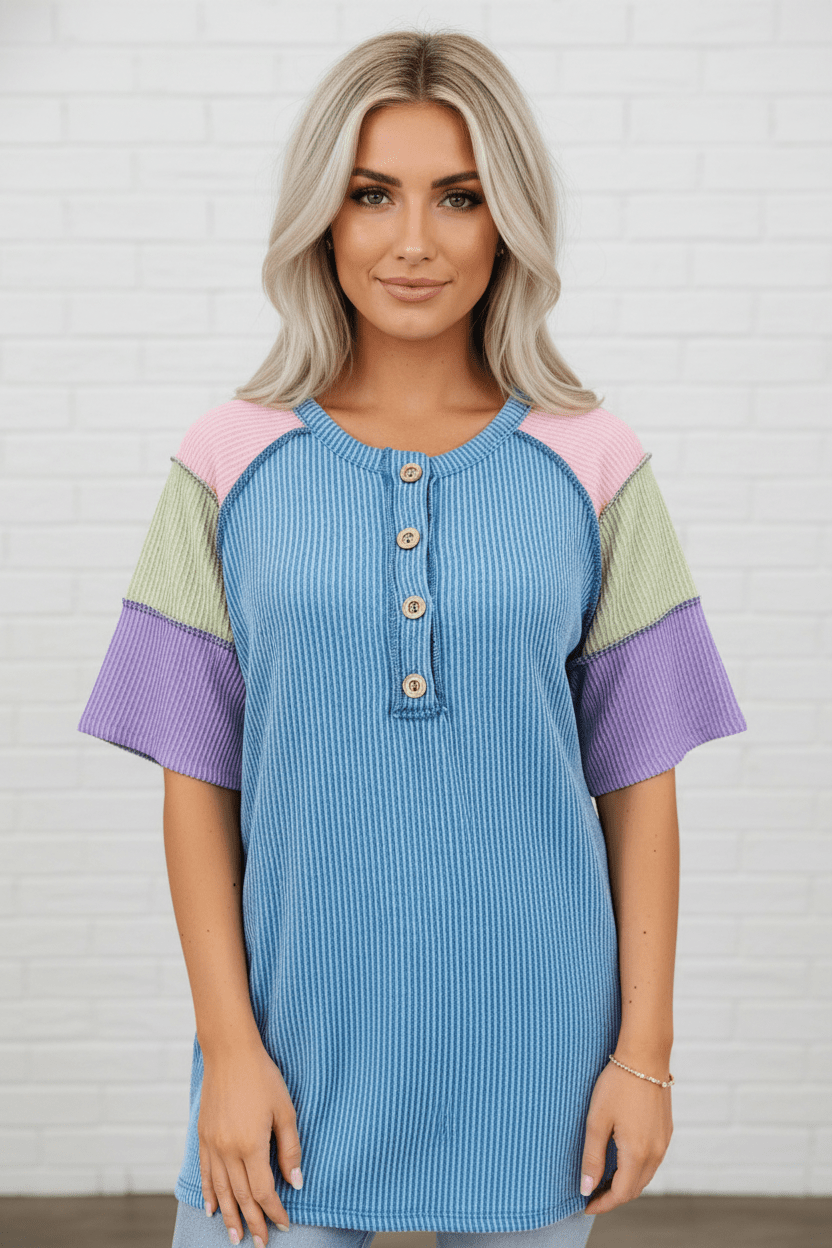 Colorblock Corded Knit Patchwork Henley Tee - Rooted & Reckless Co.