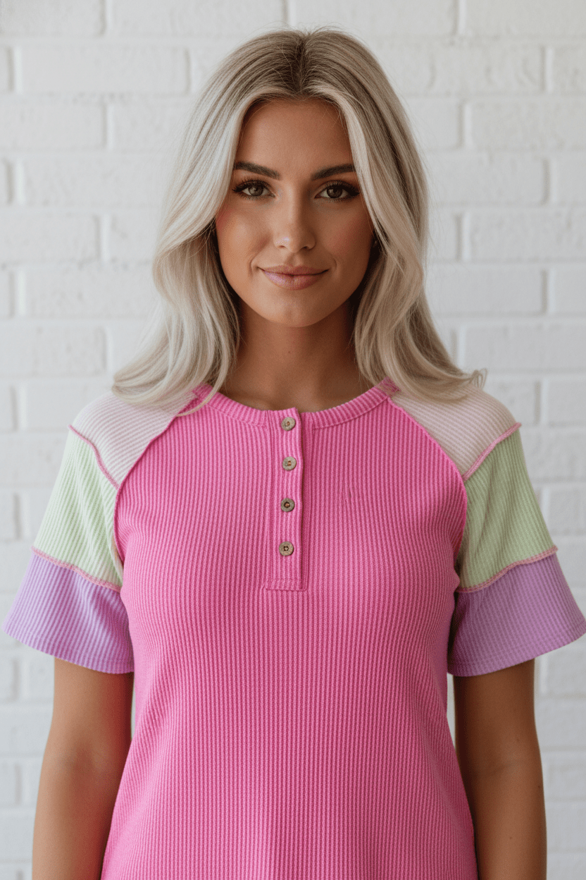 Colorblock Corded Knit Patchwork Henley Tee - Rooted & Reckless Co.