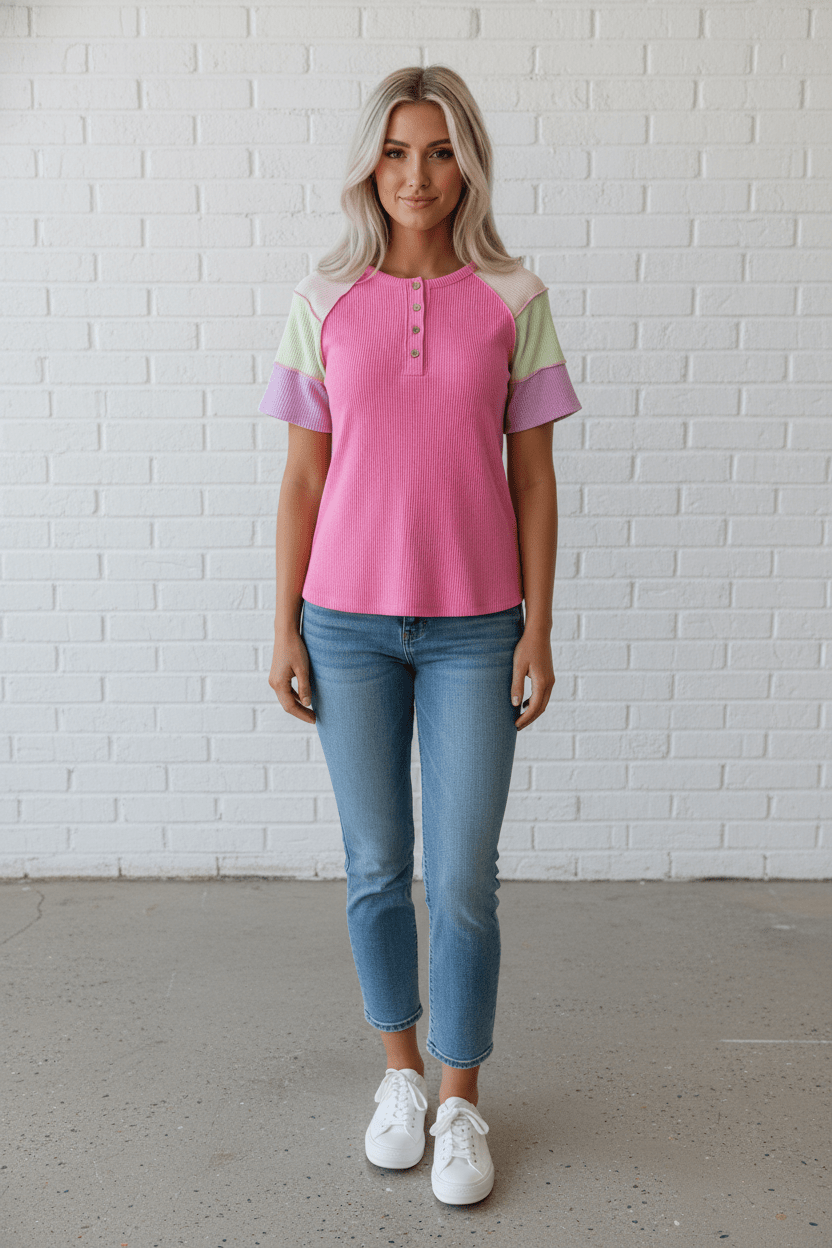 Colorblock Corded Knit Patchwork Henley Tee - Rooted & Reckless Co.