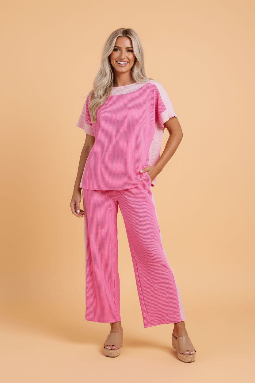 Colorblock Corded Top & High Waist Pants Set - Rooted & Reckless Co.