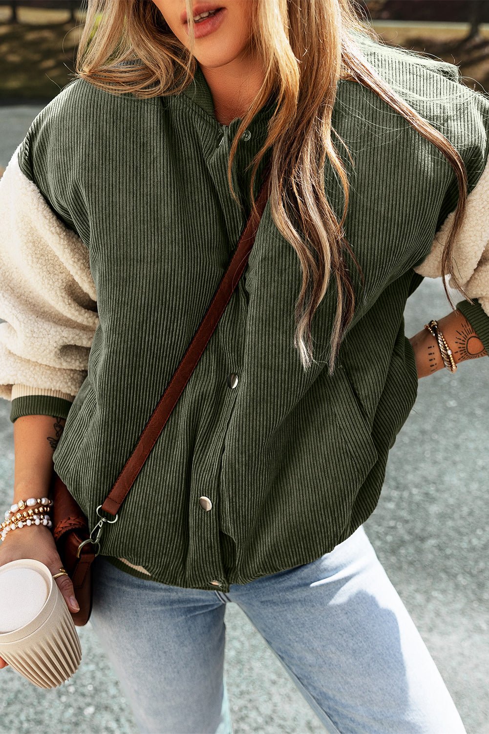 Colorblock Corduroy Fleece Patchwork Button-Up Bomber Jacket - Rooted & Reckless Co.