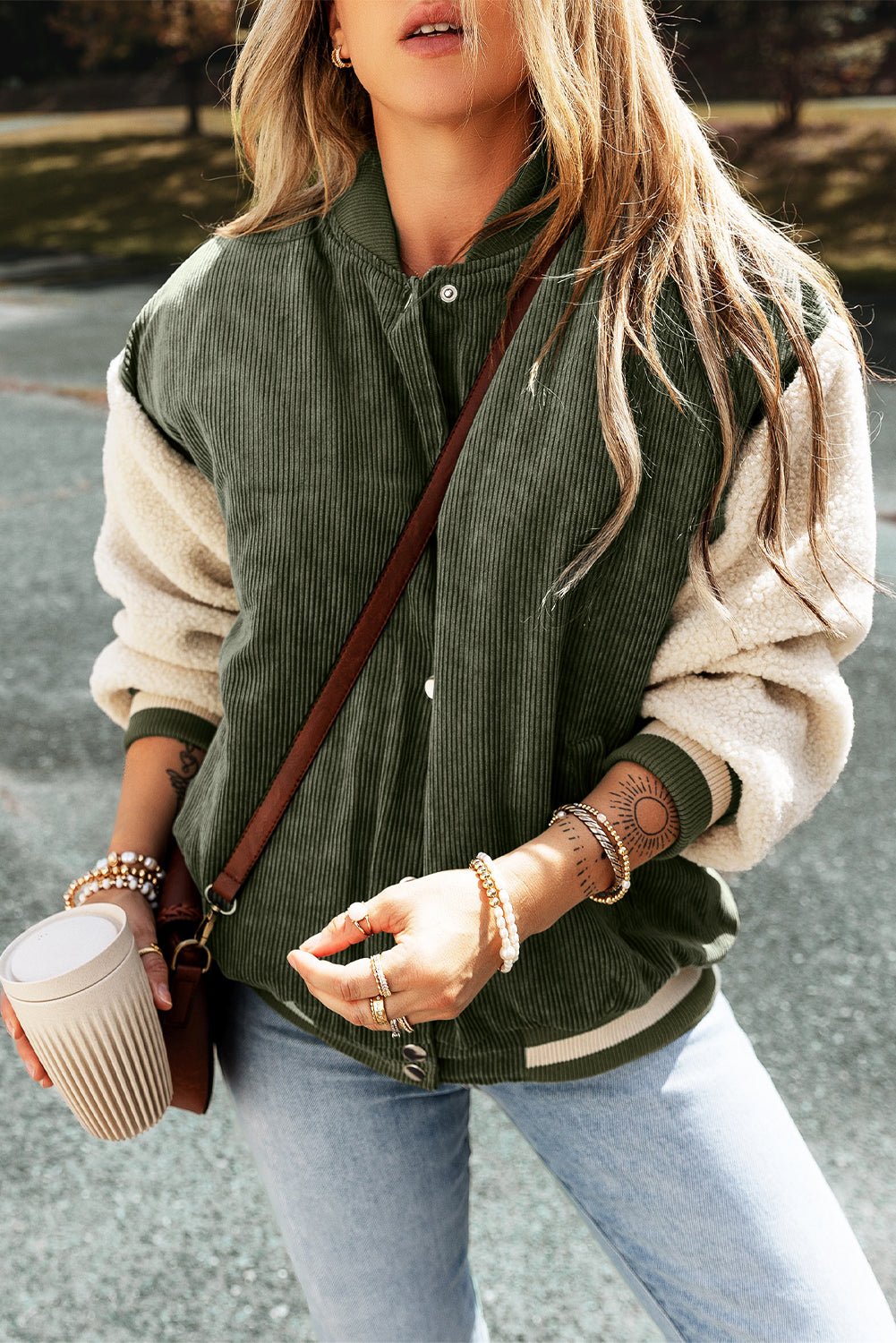 Colorblock Corduroy Fleece Patchwork Button-Up Bomber Jacket - Rooted & Reckless Co.