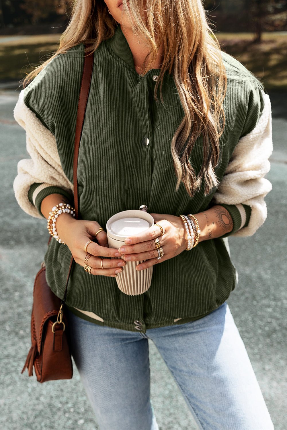 Colorblock Corduroy Fleece Patchwork Button-Up Bomber Jacket - Rooted & Reckless Co.