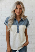 Colorblock Denim Patchwork Buttoned Polo Top - Rooted & Reckless Co.