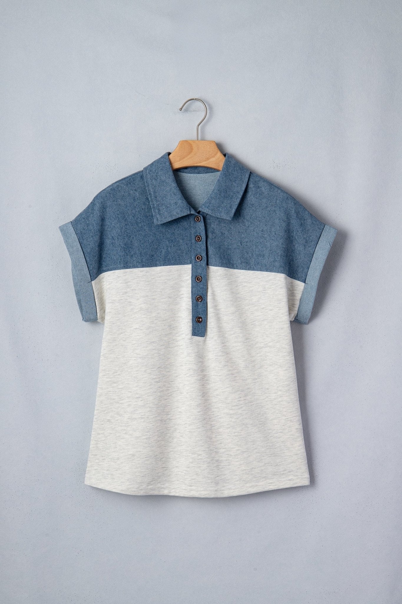 Colorblock Denim Patchwork Buttoned Polo Top - Rooted & Reckless Co.