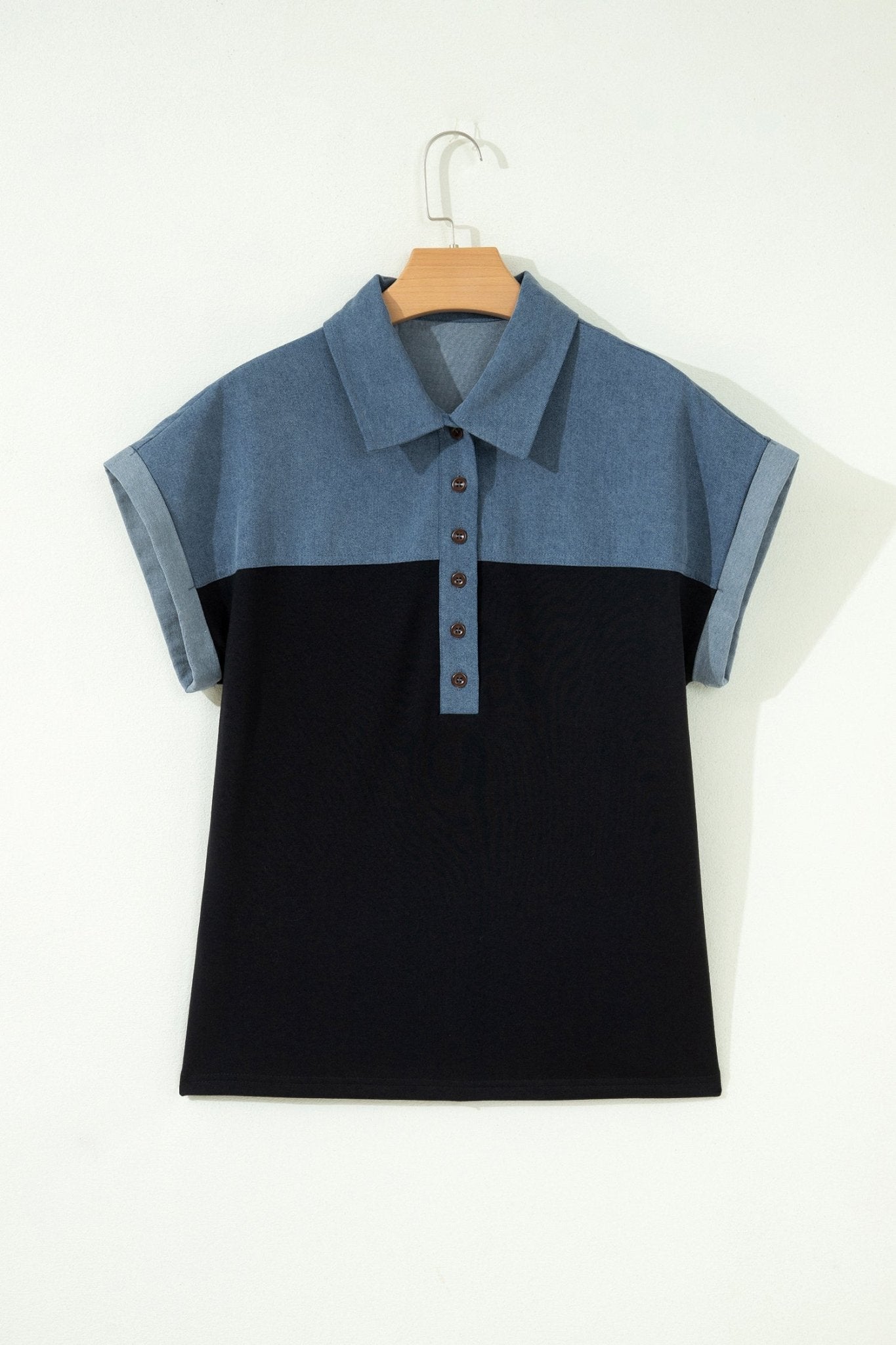 Colorblock Denim Patchwork Polo Collar Top - Rooted & Reckless Co.