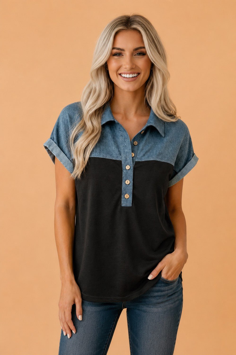 Colorblock Denim Patchwork Polo Collar Top - Rooted & Reckless Co.