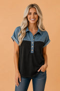 Colorblock Denim Patchwork Polo Collar Top - Rooted & Reckless Co.