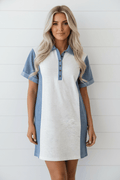 Colorblock Denim Patchwork Polo Collar Tunic Dress - Rooted & Reckless Co.