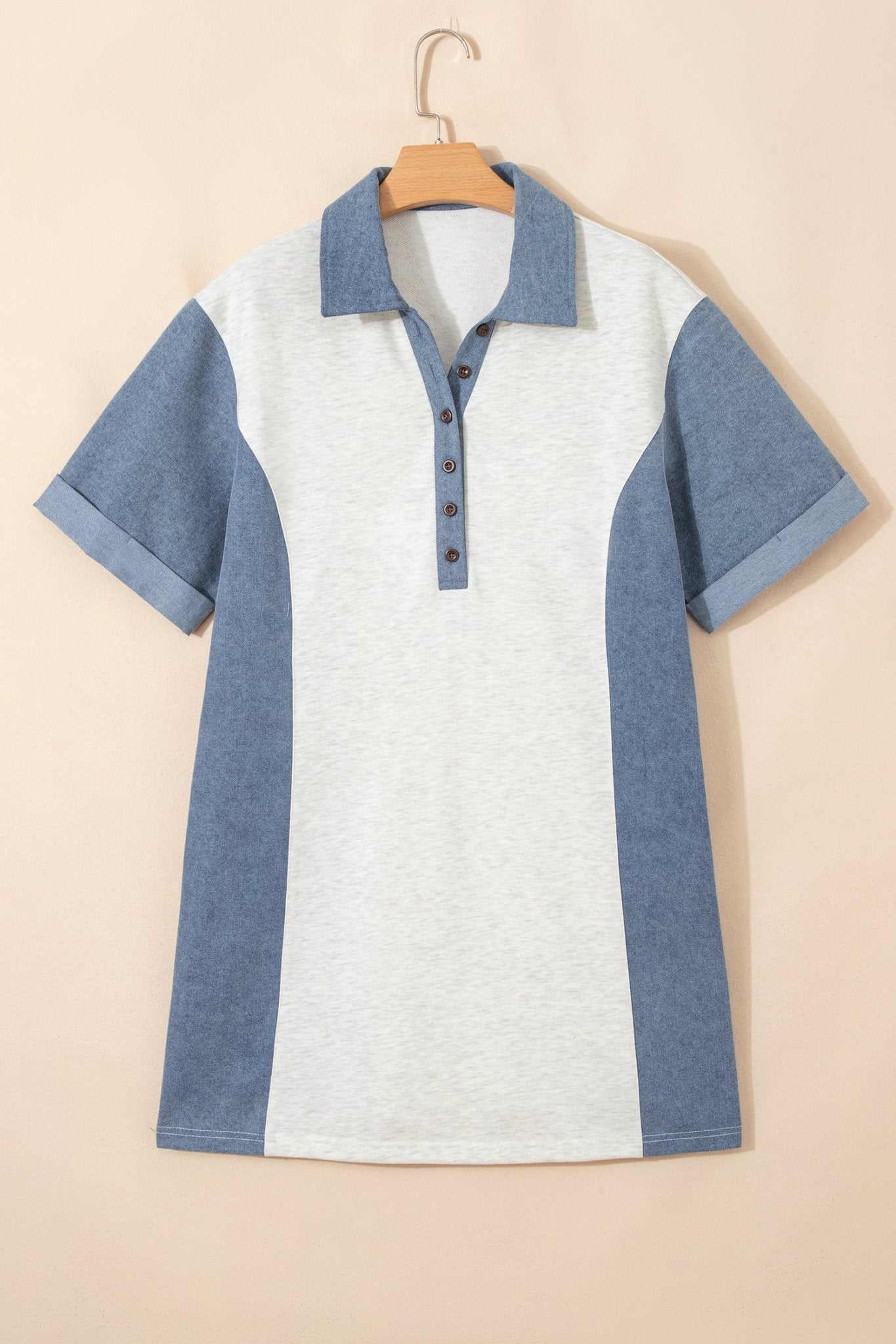Colorblock Denim Patchwork Polo Collar Tunic Dress - Rooted & Reckless Co.