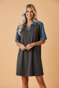 Colorblock Denim Patchwork Polo T-Shirt Dress - Rooted & Reckless Co.