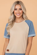 Colorblock Denim Patchwork Raglan Sleeve Tee - Rooted & Reckless Co.