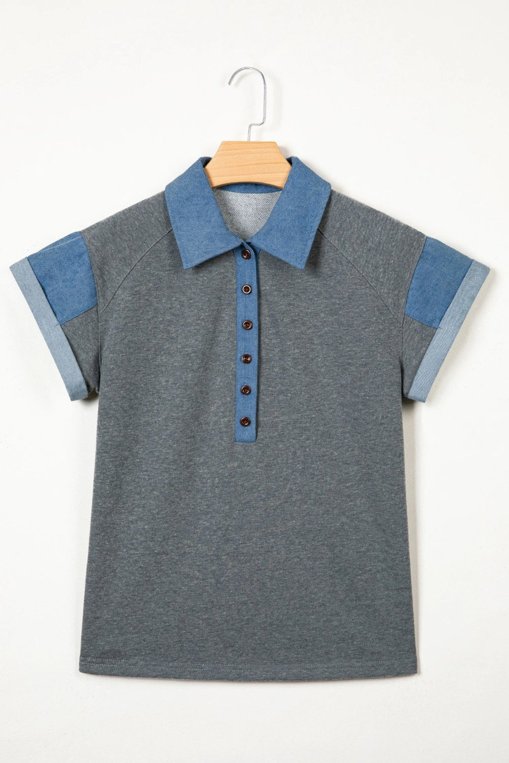 Colorblock Denim Patchwork Shirt Collar Blouse - Rooted & Reckless Co.